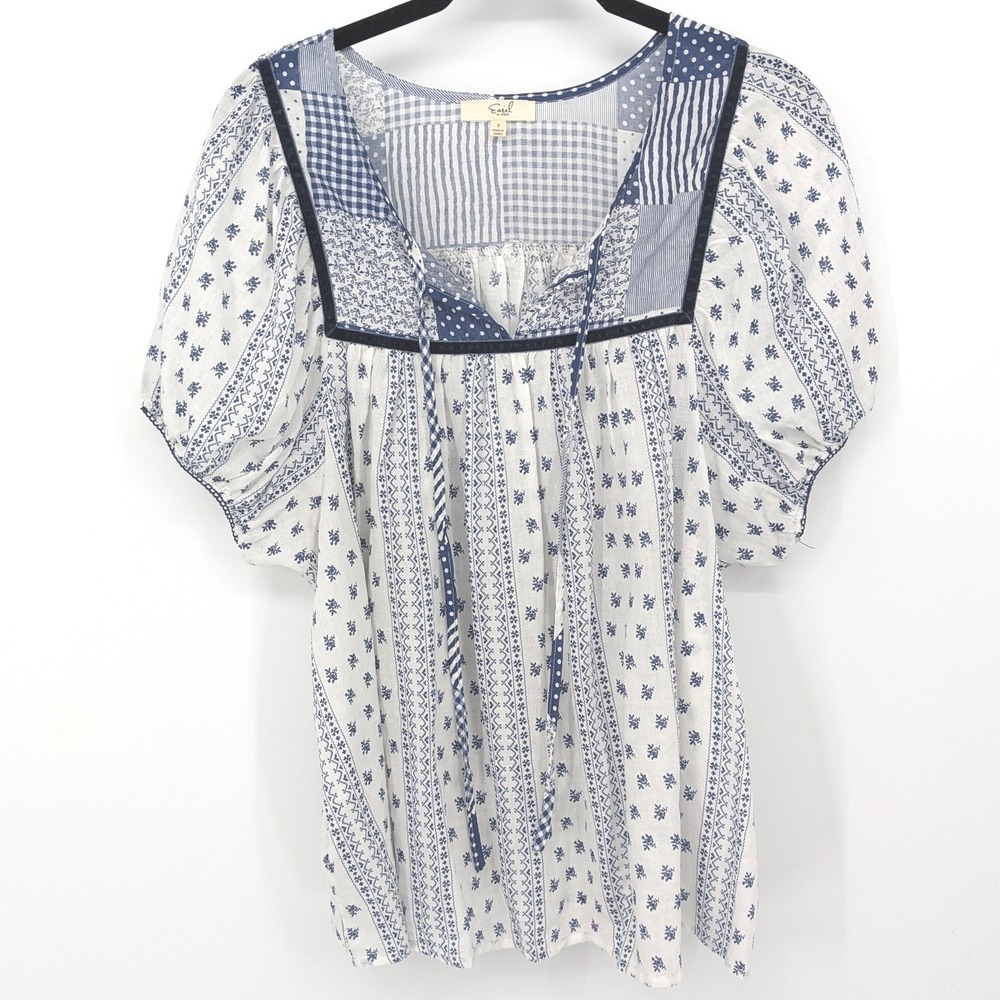 Easel Cottagecore Top Womens Small Blue Patchwork Floral Gingham Puff Sleeve